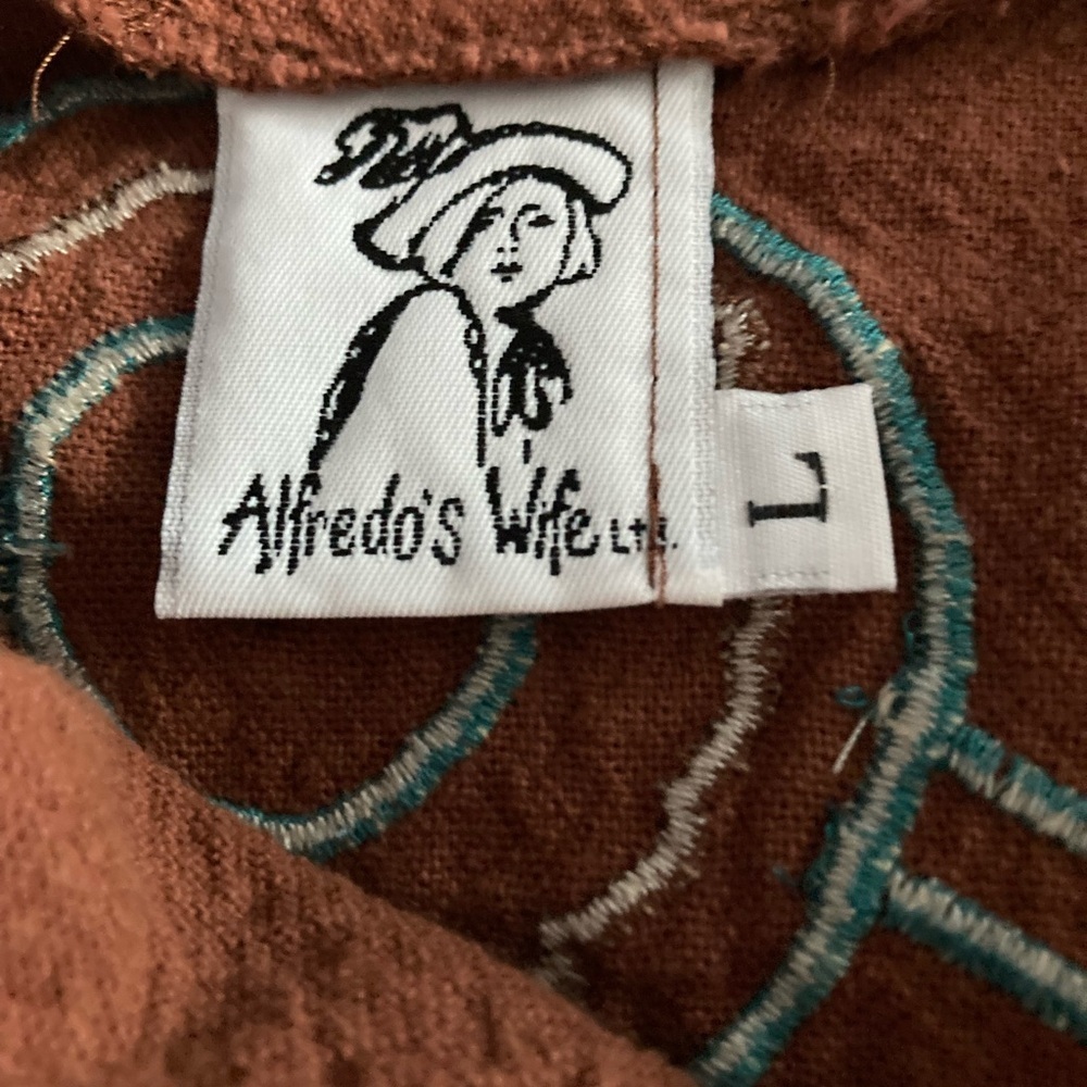 Alfredos Wife SZ L tunic top Brown Turquoise studded Appliqué Bling Vintage - Picture 4 of 9